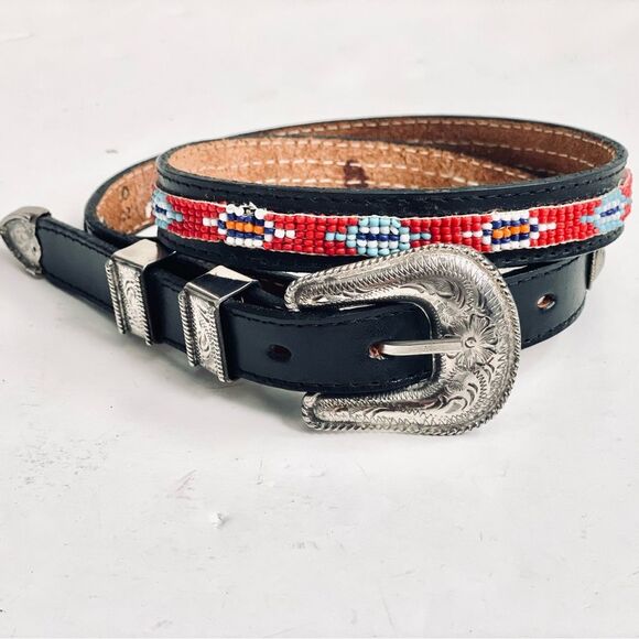 Vintage Alpaca Silver Hand Beaded Leather Belt Mexico - Small 28” - Picture 1 of 11
